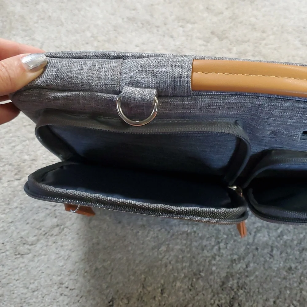 Gray Mosiso Laptop Bag with Tan Accents. Multiple Pockets And Carry Strap. EUC